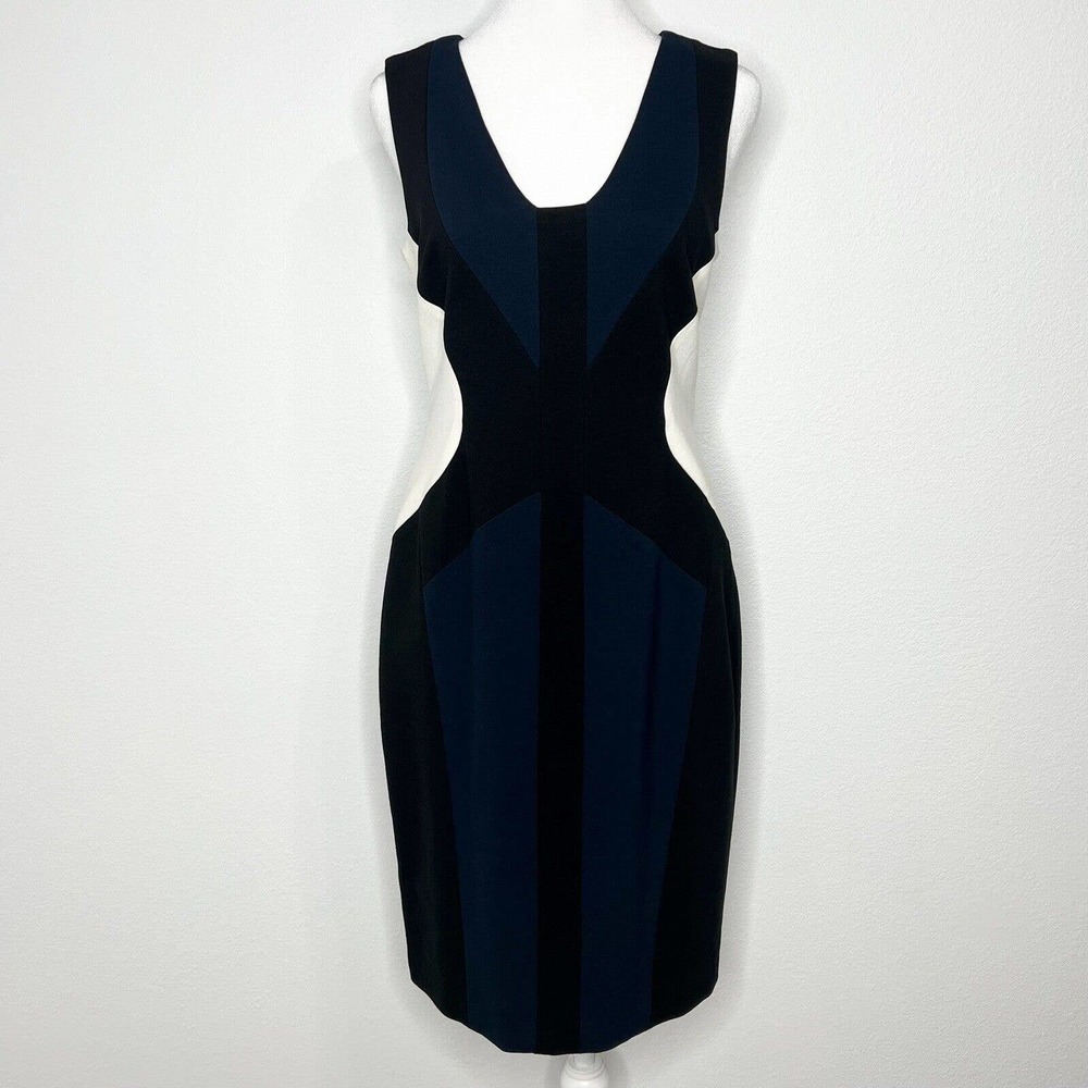 Ann Taylor Blue Black White Ponte Sleeveless V-Neck Hourglass Sheath Dress Sz 6